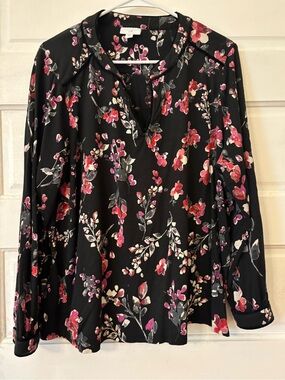 J. Jill Black Floral V-Neck Blouse with Pink & Red Blossoms